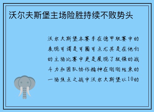 沃尔夫斯堡主场险胜持续不败势头