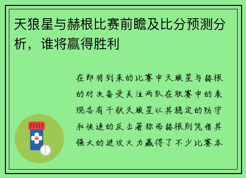 天狼星与赫根比赛前瞻及比分预测分析，谁将赢得胜利